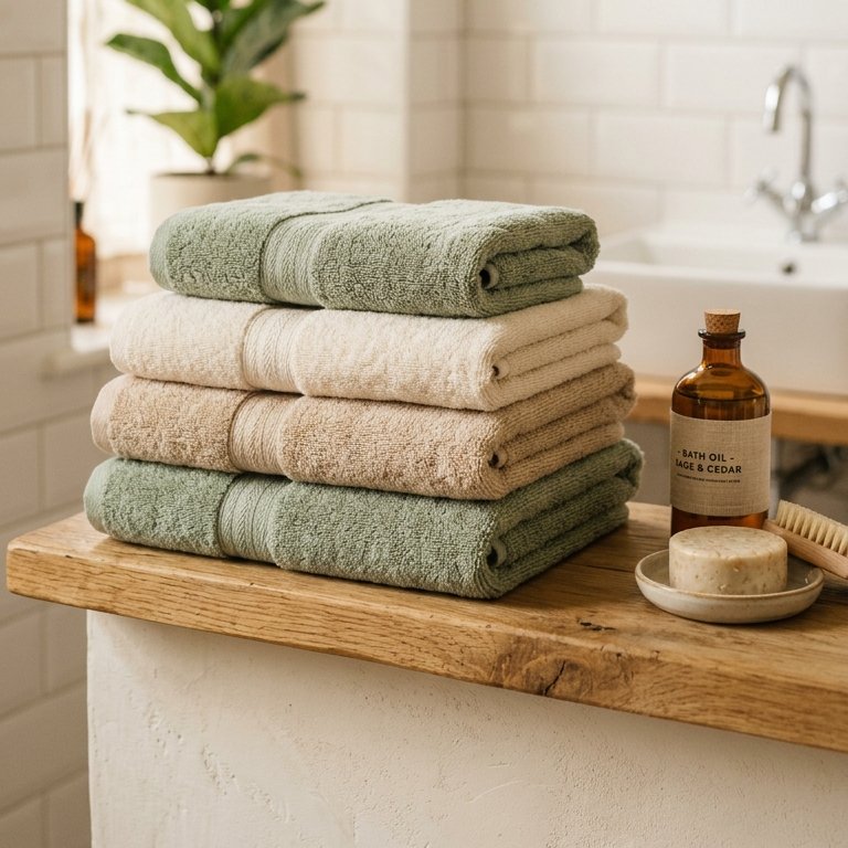 Folded cotton towels in a bright bathroom