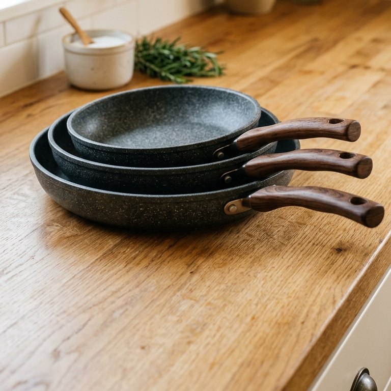 Set of 3 stone nonstick pans stacked on an oak worktop
